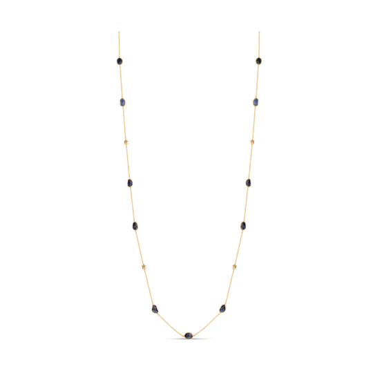 18k Yellow Gold Long Lente Necklace With Blue Sapphire
