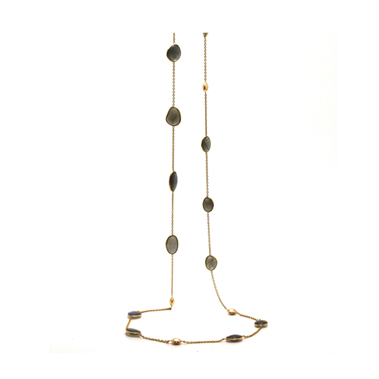 Labradorite Long Lente Necklace In 18K Yellow Gold