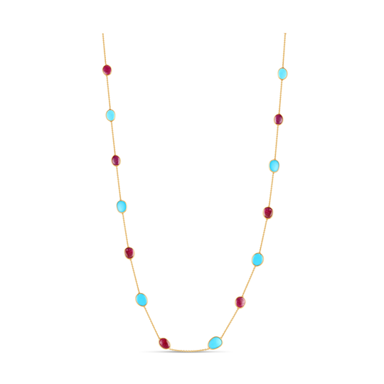 18K Yellow Gold Long Necklace With Turquoise & Ruby