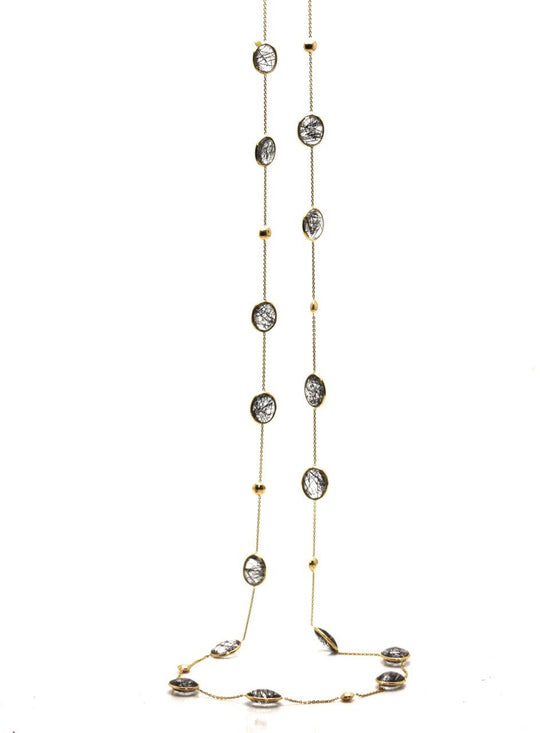 Black Rutile Oval Long Necklace in 18k Yellow Gold