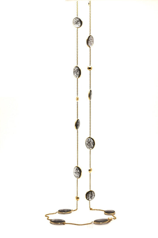 Black Rutile Smooth Long Necklace In 18K Yellow Gold