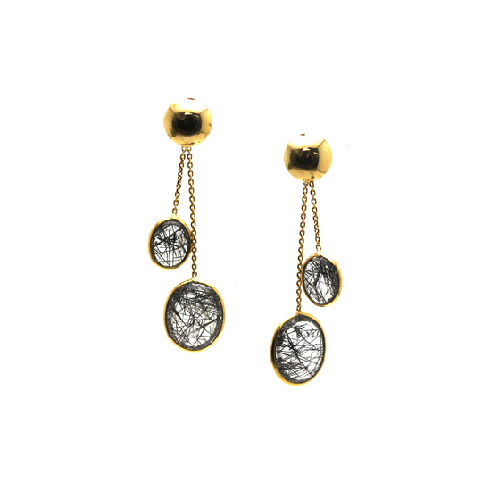 Black Rutile Smooth Oval Earring In 18K Yellow Gold