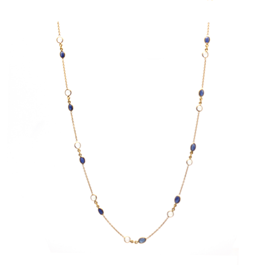 Blue Sapphire & Rainbow Moonstone Necklace In 18K Yellow Gold