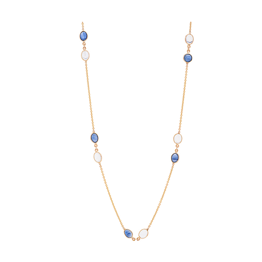 Tresor Collection - Gemstone Long Necklace in 18k Yellow Gold Rainbow Moonstone and Blue Sapphire