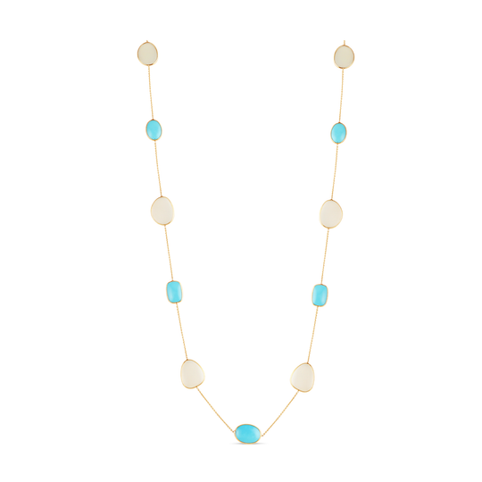 Turquoise & White Moonstone Long Necklace In 18K Yellow Gold