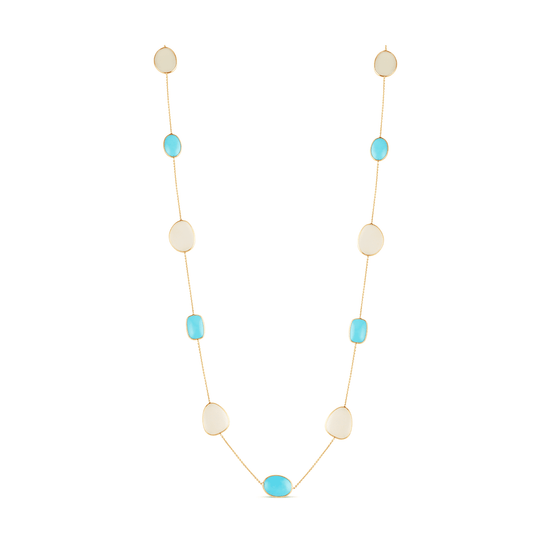 Tresor Collection - Turquoise & White Moonstone Long Necklace In 18K Yellow Gold