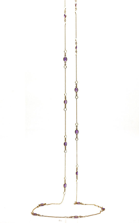 Rainbow Moonstone & Amethyst Necklace in 18k Yellow Gold