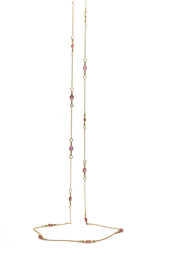 Rainbow Moonstone & Pink Tourmaline Necklace in 18k Yellow Gold