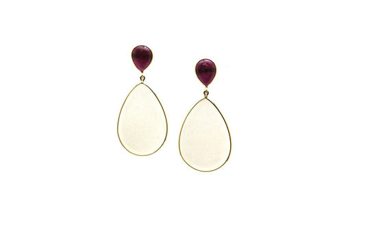 Ruby & White Moonstone Earring in 18K Yellow Gold
