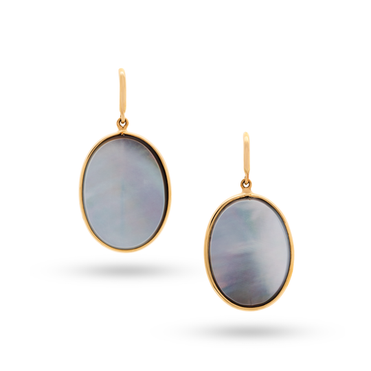 Tresor Collection - Grey Mother of Pearl Oval Earrings In 18k Yellow Gold