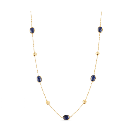 Blue Sapphire Oval Faceted with gold lente accent Necklace In 18K Yellow Gold