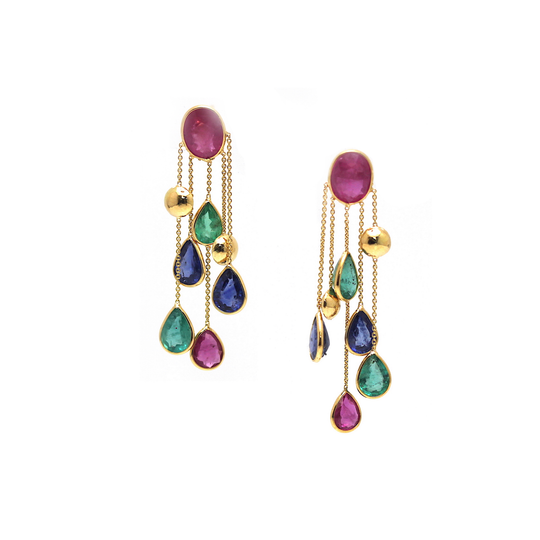 Emerald, Ruby and Sapphire Rainbow Earrings in 18k Yellow Gold