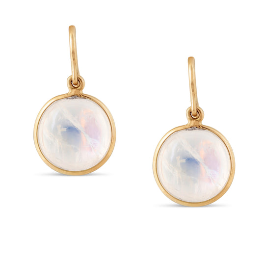 Rainbow Moonstone Simple Round Dangle Earring In 18K Yellow Gold