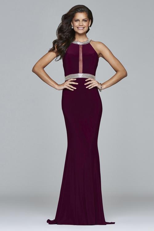 7910 Long halter jersey dress with beaded waistband and neckline