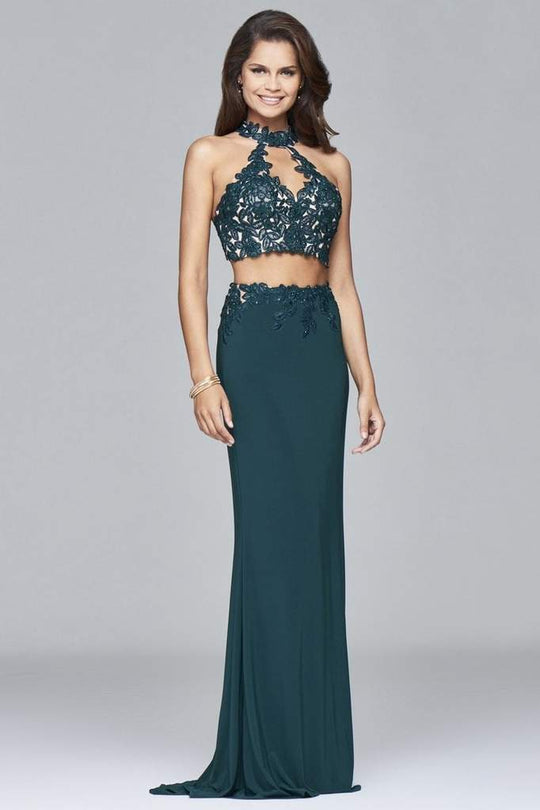 Faviana - Two Piece Lace High Halter Evening Dress 7967 In Green