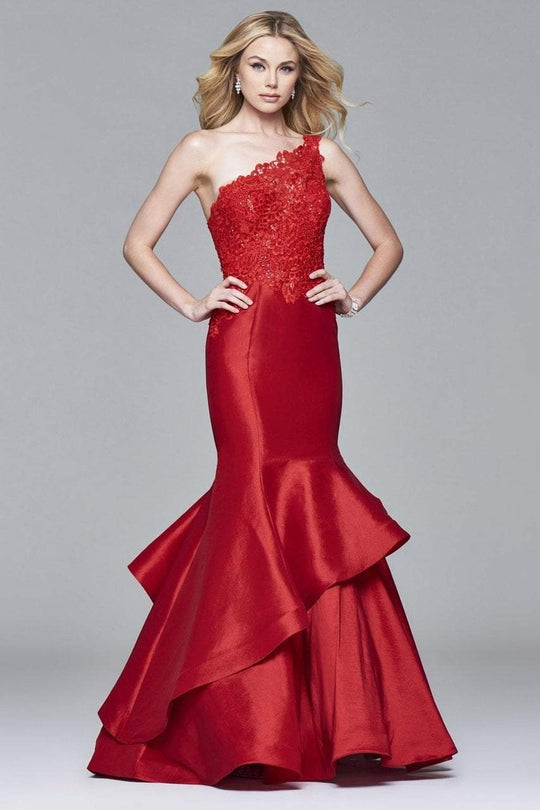 7970 Long taffeta dress with one-shoulder sequined lace bodice