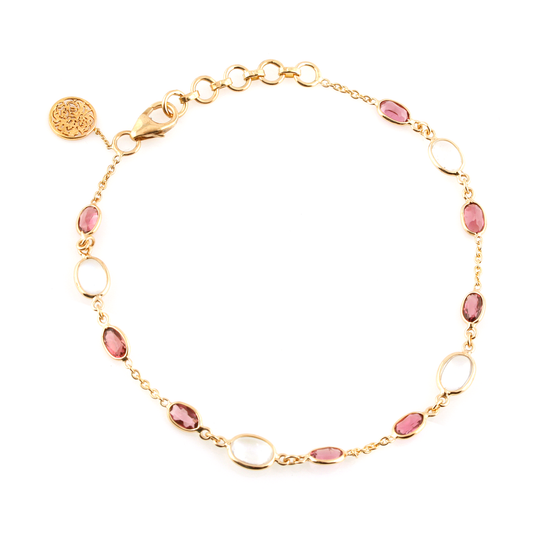 Tresor Collection - Rainbow Moonstone & Pink Tourmaline Oval Bracelet in 18k Yellow Gold
