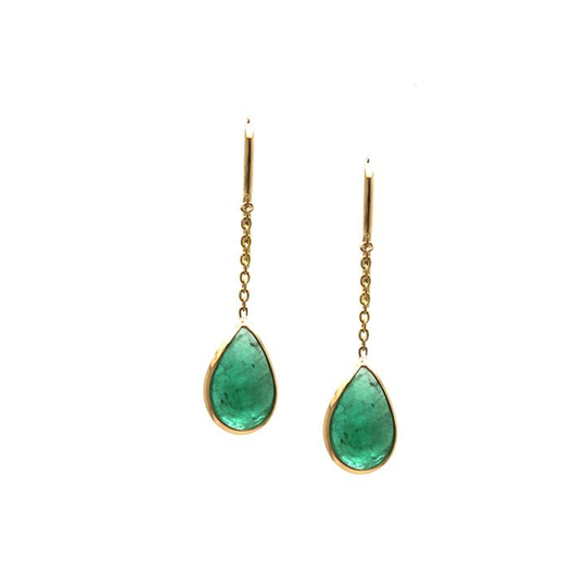 Emerald Pear Cabochon Dangle Earring In 18K Yellow Gold