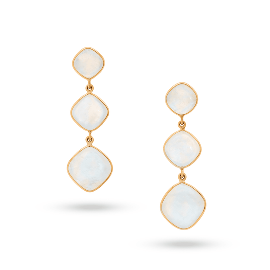 Tresor Collection - Rainbow Moonstone Square Triple Dangle Earrings in 18k Yellow Gold
