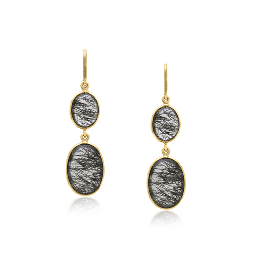 Black Rutile Oval Earring In 18K Yellow Gold