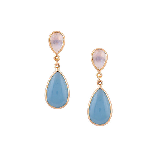 Tresor Collection - Aquamarine & Rainbow Moonstone Pear Shaped Earring in 18k Yellow Gold