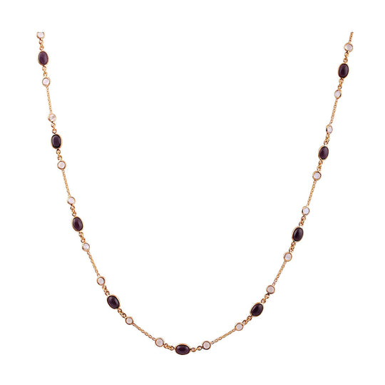 Tresor Collection - Rainbow Moonstone Rd. & Amethyst Oval Necklace in 18k Yellow Gold