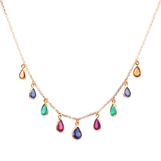 Tresor Collection - Emerald Ruby Sapphire Pear Dangle Necklace in 18k Yellow Gold