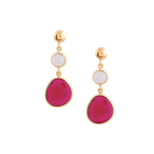 Tresor Collection - Rainbow Moonstone & Pink Tourmaline Earring in 18k Yellow Gold
