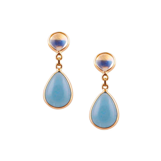 Tresor Collection - Aquamarine & Rainbow Moonstone Pear Shaped Earring in 18k Yellow Gold