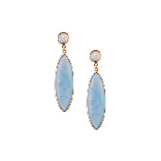 Tresor Collection - Aquamarine Marquise & Rainbow Moonstone Round Earring in 18k Yellow Gold