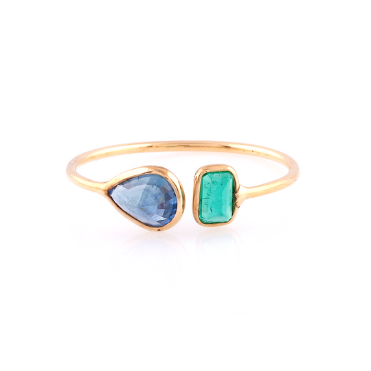 Tresor Collection - Blue Sapphire Pear Shaped & Emerald Rectangular Ring in 18k Yellow Gold