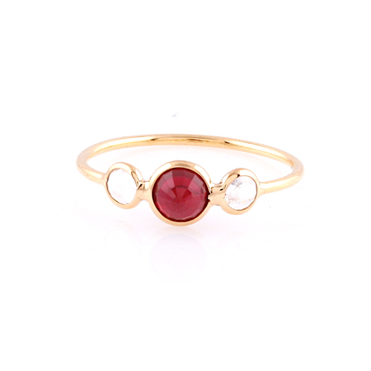 Tresor Collection - Rainbow Moonstone & Ruby Round Ring in 18k Yellow Gold