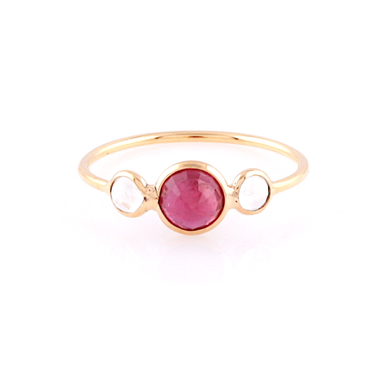 Tresor Collection - Rainbow Moonstone & Ruby Round Ring in 18k Ruby and Rainbow Moonstone