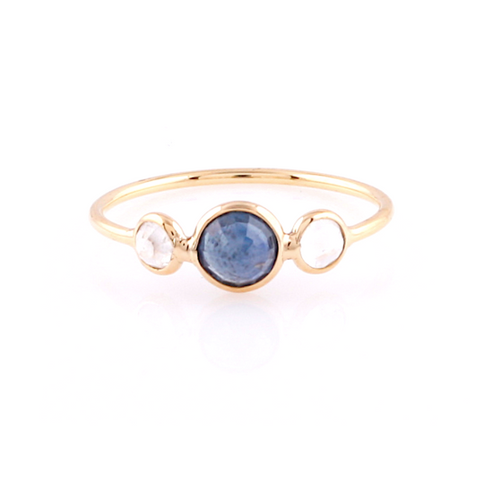 Tresor Collection - Rainbow Moonstone & Blue Sapphire Round Ring in 18k Yellow Gold