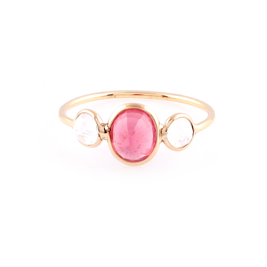 Tresor Collection - Rainbow Moonstone Round & Ruby Oval Ring in 18k Yellow Gold