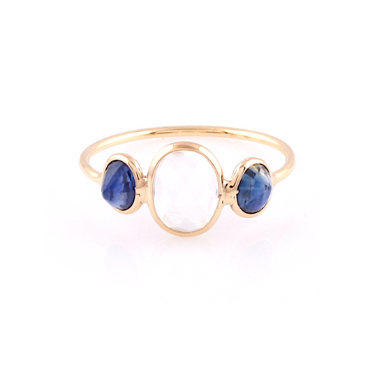Tresor Collection - Rainbow Moonstone & Blue Sapphire Oval Ring in 18k Yellow Gold