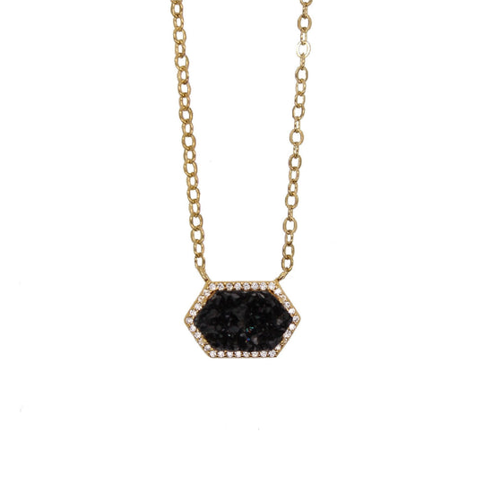 Rachael Ryen - Hexagon Pave Necklace - Black Druzy in Gold