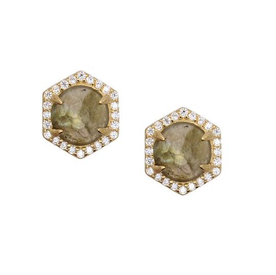 Rachael Ryen - Hexagon Pave Studs - Labradorite in Gold