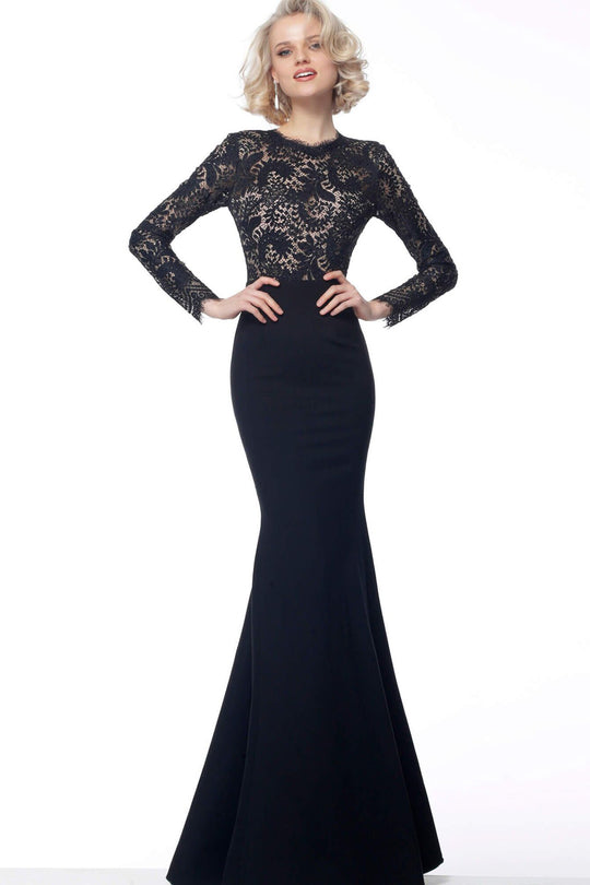 Jovani - 67755 Embellished Lace Long Sleeve Mermaid Dress In Black