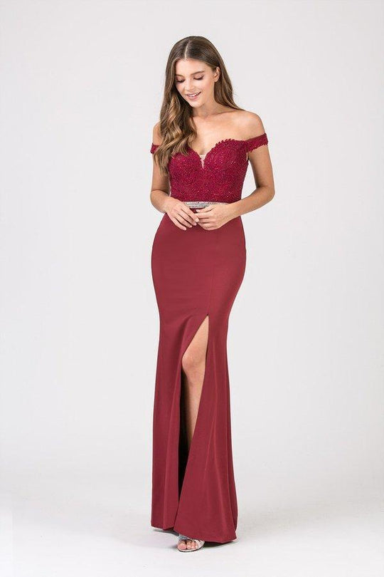 Eureka Fashion - 8133 Beaded Lace Off-Shoulder Trumpet Dress In Red