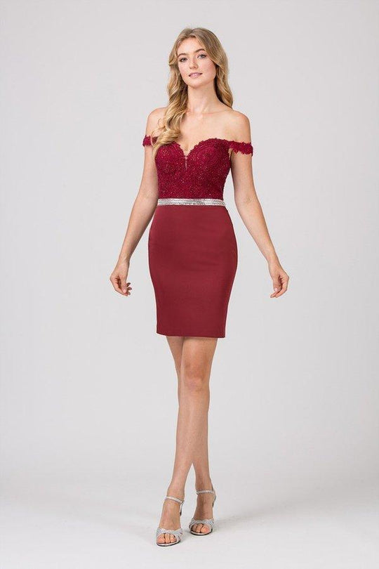 Eureka Fashion - 8233 Beaded Lace Off-Shoulder Sheath Dress In Red