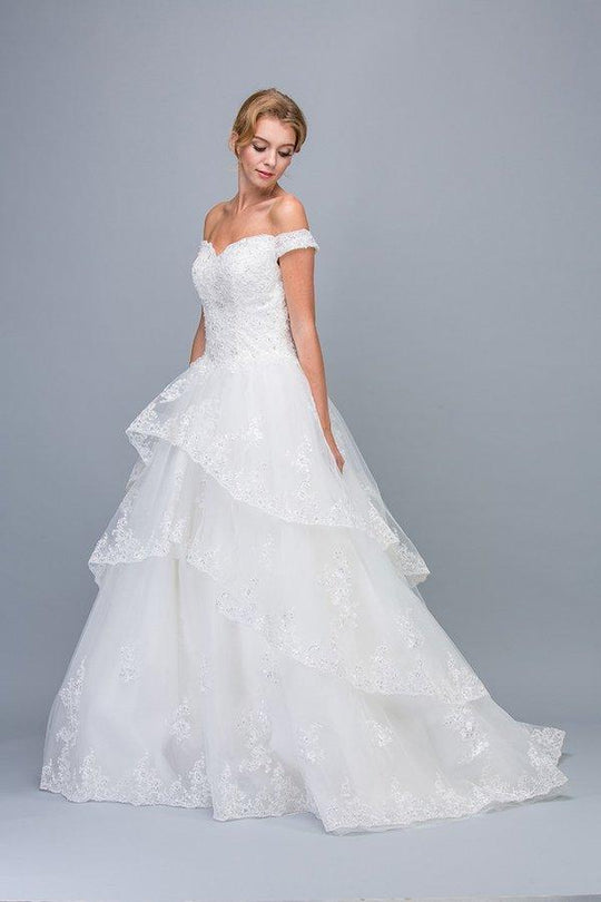 Eureka Fashion - 7710 Lace Off-Shoulder Tiered A-line Dress In White