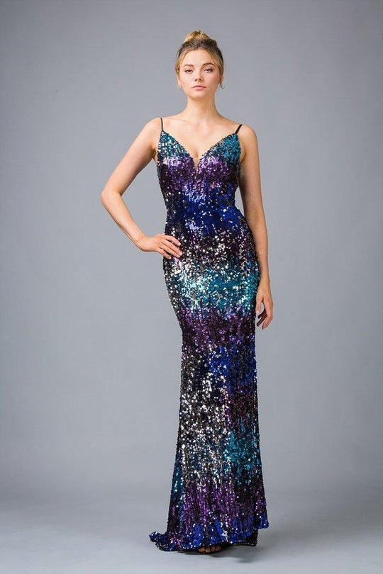 Eureka Fashion - 9105 Multi Color Allover Sequin Evening Gown In Blue and Multi-Color