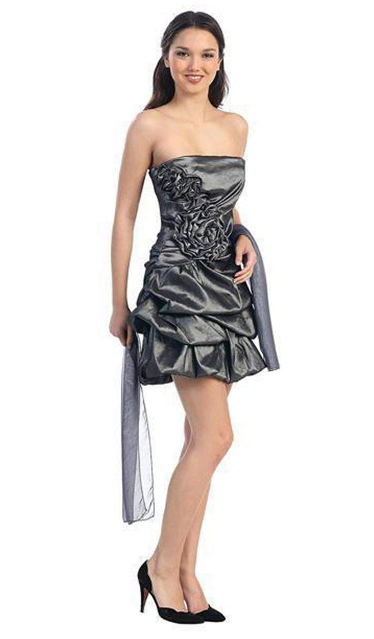 Eureka Fashion - 2261 Rosette Accented Strapless Bubble Dress in Grey