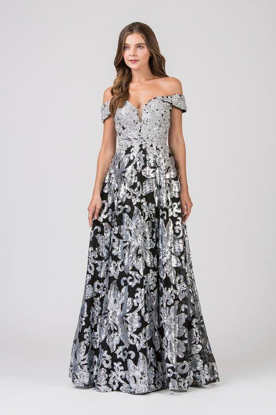 Eureka Fashion - 6333 Sequined Deep Off-Shoulder A-line Gown In Black and Silver