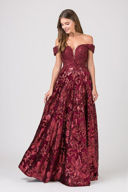 Eureka Fashion - 6733 Sequined Deep Off-Shoulder Velvet A-line Dress In Red