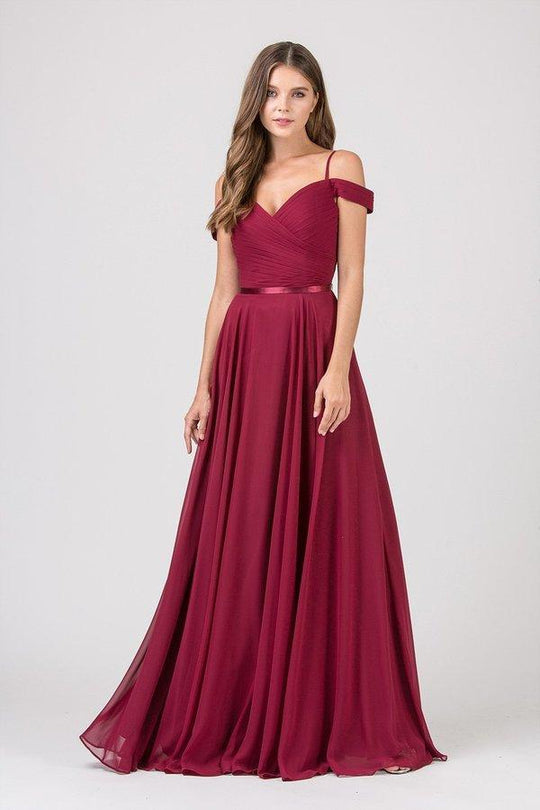 Eureka Fashion - 7611 Long Ruche-Textured Bodice A-Line Gown In Red