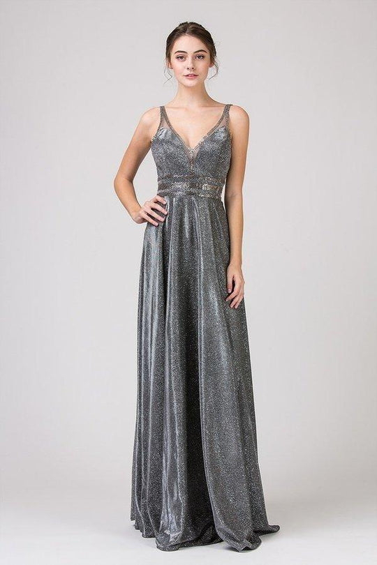 Eureka Fashion - 8706 Embellished V-neck Shimmer A-line Dress In Gray