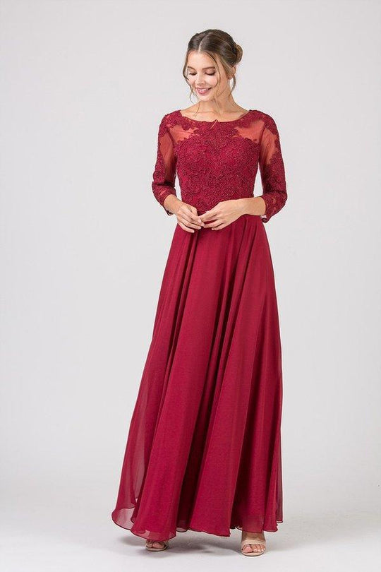 Eureka Fashion - 8909 Quarter Length Sleeve Lace Applique Chiffon Gown In Red