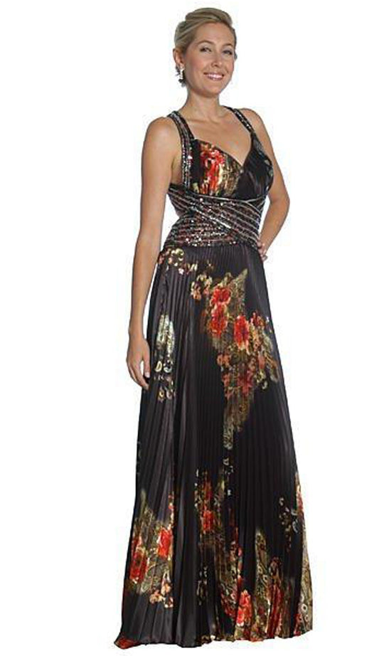 Eureka Fashion - 2117 V-neck Print Charmeuse A-line Dress In Black and Floral